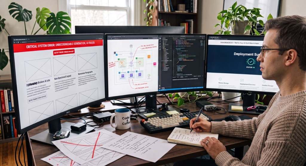 Engineer repairing and deploying a broken AI-built web application across multiple monitors